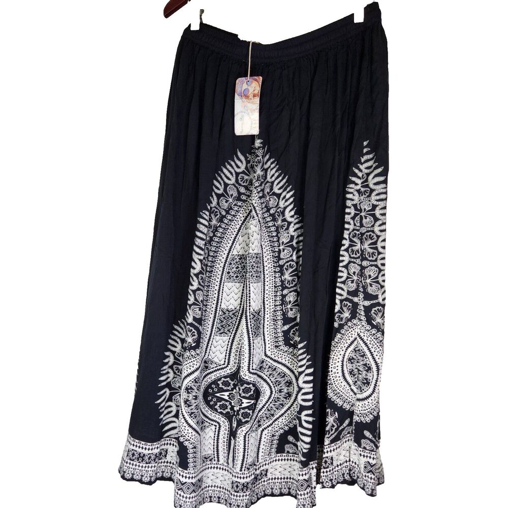Gypsie Blu Women's Boho Maxi Skirt Size XL Black with White Print